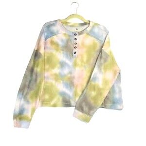 Cottagecore Henley Women's XL Long Sleeve Thermal Pastels Greens Blues Pinks